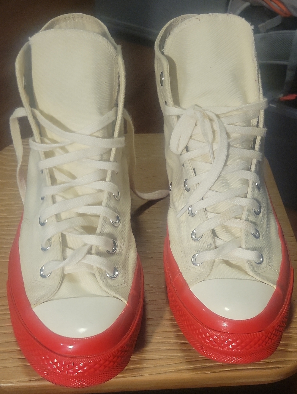 Converse Cream Canvas High-Tops with Red Rubber Toe and Outsole